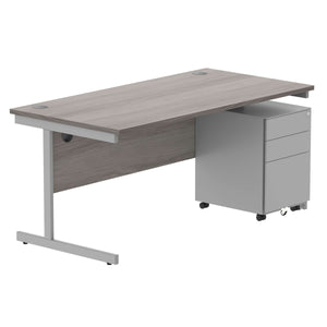 CORE Single Upright Rectangular Desk + Under Desk Steel Pedestal 3 Drawers (FSC) | 1600 X 800 | Alaskan Grey Oak/Silver
