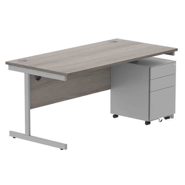CORE Single Upright Rectangular Desk + Under Desk Steel Pedestal 3 Drawers (FSC) | 1600 X 800 | Alaskan Grey Oak/Silver
