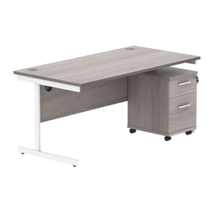 Single Upright Rectangular Desk + 2 Drawer Mobile Under Desk Pedestal (FSC) | 1600 X 800 | Alaskan Grey Oak/White