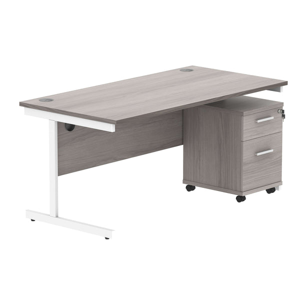 Single Upright Rectangular Desk + 2 Drawer Mobile Under Desk Pedestal (FSC) | 1600 X 800 | Alaskan Grey Oak/White