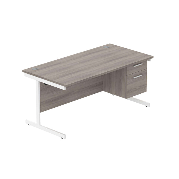 Office Rectangular Desk with Steel Single Upright Cantilever Legs + 2 Drawer Fixed Pedestal (FSC) | 1600X800 | Alaskan Grey Oak/White