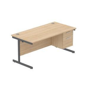 Office Rectangular Desk with Steel Single Upright Cantilever Legs + 2 Drawer Fixed Pedestal (FSC) | 1600X800 | Canadian Oak/Graphite