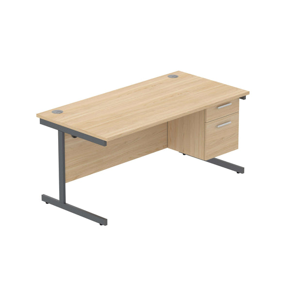 Office Rectangular Desk with Steel Single Upright Cantilever Legs + 2 Drawer Fixed Pedestal (FSC) | 1600X800 | Canadian Oak/Graphite