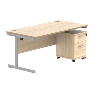 Single Upright Rectangular Desk + 2 Drawer Mobile Under Desk Pedestal (FSC) | 1600 X 800 | Canadian Oak/Silver
