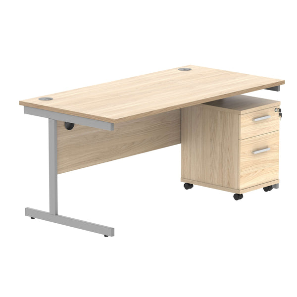 Single Upright Rectangular Desk + 2 Drawer Mobile Under Desk Pedestal (FSC) | 1600 X 800 | Canadian Oak/Silver