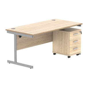 Single Upright Rectangular Desk + 3 Drawer Mobile Under Desk Pedestal (FSC) | 1600 X 800 | Canadian Oak/Silver
