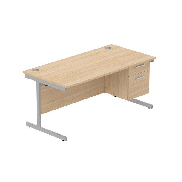 Office Rectangular Desk with Steel Single Upright Cantilever Legs + 2 Drawer Fixed Pedestal (FSC) | 1600X800 | Canadian Oak/Silver