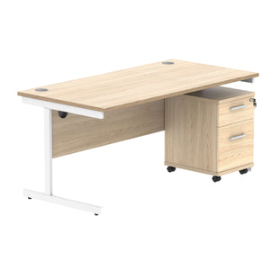 Single Upright Rectangular Desk + 2 Drawer Mobile Under Desk Pedestal (FSC) | 1600 X 800 | Canadian Oak/White
