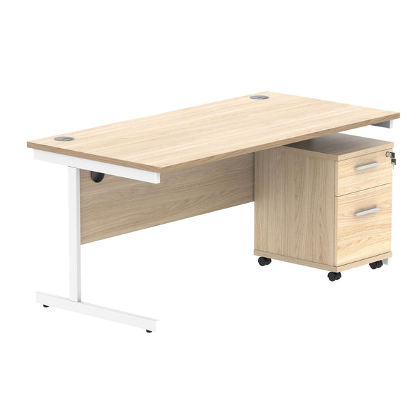 Single Upright Rectangular Desk + 2 Drawer Mobile Under Desk Pedestal (FSC) | 1600 X 800 | Canadian Oak/White