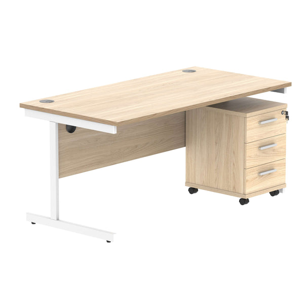Single Upright Rectangular Desk + 3 Drawer Mobile Under Desk Pedestal (FSC) | 1600 X 800 | Canadian Oak/White