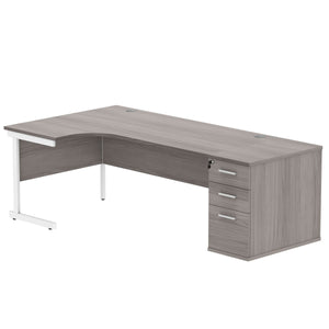 Single Upright Left Hand Radial Desk + Desk High Pedestal (FSC) | 800mm Deep Pedestal | 1800 X 1200 | Alaskan Grey Oak/White