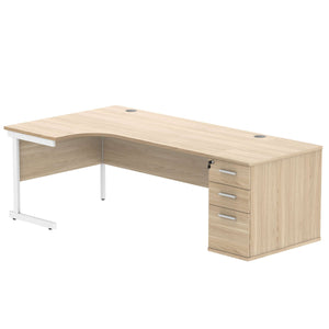 Single Upright Left Hand Radial Desk + Desk High Pedestal (FSC) | 800mm Deep Pedestal | 1800 X 1200 | Canadian Oak/White
