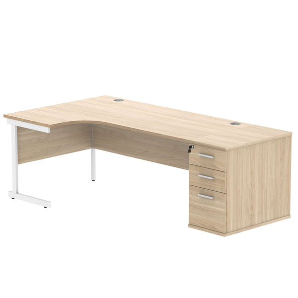 Single Upright Left Hand Radial Desk + Desk High Pedestal (FSC) | 800mm Deep Pedestal | 1800 X 1200 | Canadian Oak/White