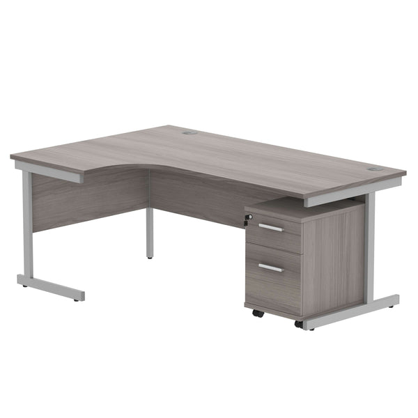 Single Upright Left Hand Radial Desk + 2 Drawer Mobile Under Desk Pedestal (FSC) | 1800 X 1200 | Alaskan Grey Oak/Silver
