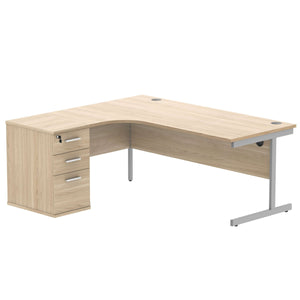 Single Upright Left Hand Radial Desk + Desk High Pedestal (FSC) | 600mm Deep Pedestal | 1800 X 1200 | Canadian Oak/Silver