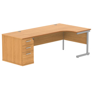 Single Upright Right Hand Radial Desk + Desk High Pedestal (FSC) | 800mm Deep Pedestal | 1800 X 1200 | Norwegian Beech/Silver
