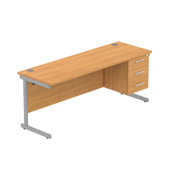 Office Rectangular Desk with Steel Single Upright Cantilever Legs + 3 Drawer Fixed Pedestal (FSC) | 1800X600 | Norwegian Beech/Silver