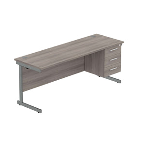 Office Rectangular Desk with Steel Single Upright Cantilever Legs + 3 Drawer Fixed Pedestal (FSC) | 1800X600 | Alaskan Grey Oak/Graphite