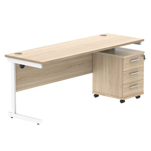 Single Upright Rectangular Desk + 3 Drawer Mobile Under Desk Pedestal (FSC) | 1800 X 600 | Canadian Oak/White