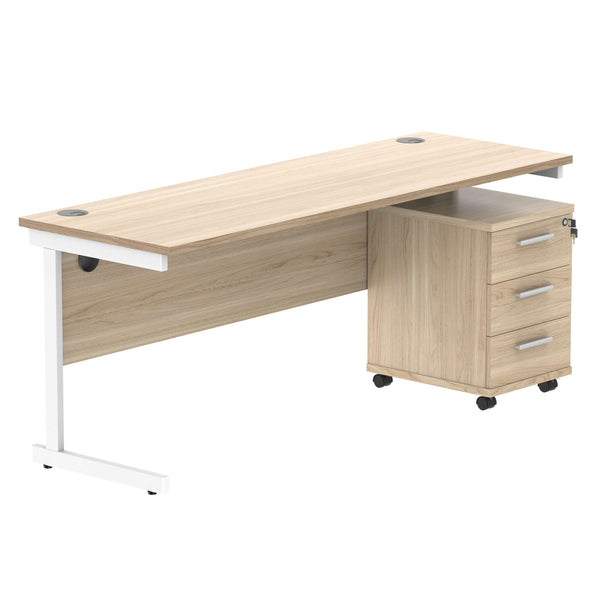 Single Upright Rectangular Desk + 3 Drawer Mobile Under Desk Pedestal (FSC) | 1800 X 600 | Canadian Oak/White