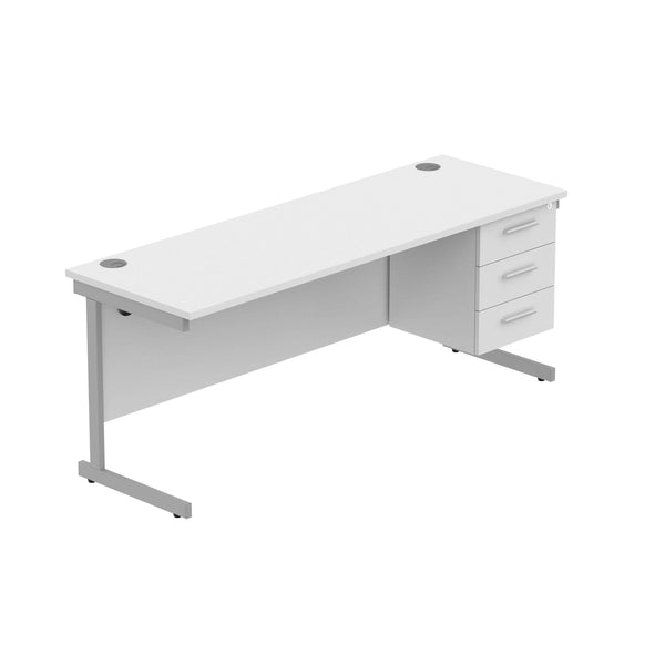 Office Rectangular Desk with Steel Single Upright Cantilever Legs + 3 Drawer Fixed Pedestal (FSC) | 1800X600 | Arctic White/Silver