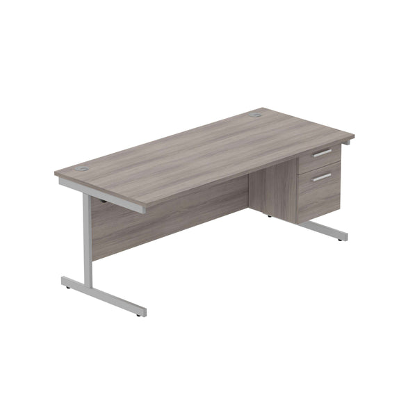 Office Rectangular Desk with Steel Single Upright Cantilever Legs + 2 Drawer Fixed Pedestal (FSC) | 1800X800 | Alaskan Grey Oak/Silver