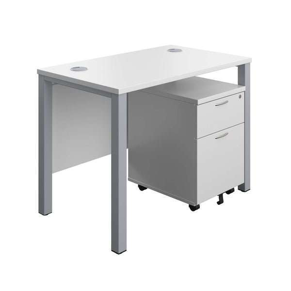Goal Post Rectangular Desk + 2 Drawer Mobile Pedestal (FSC) | 1000x600 | White/Silver