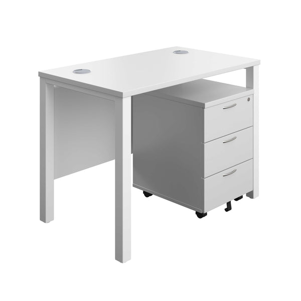 Goal Post Rectangular Desk + 3 Drawer Mobile Pedestal (FSC) | 1000x600 | White/White