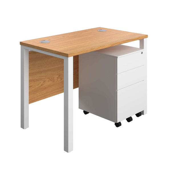Goal Post Rectangular Desk + 3 Drawer Steel Pedestal (FSC) | 1000x600 | Nova oak/White