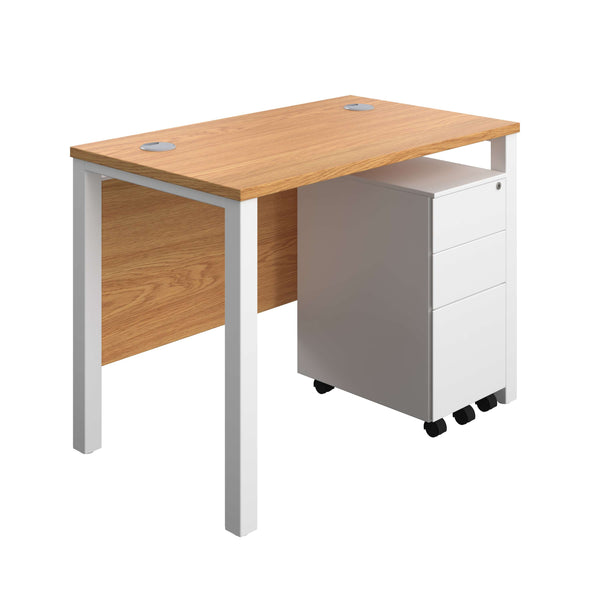 Goal Post Rectangular Desk + 3 Drawer Slimline Steel Pedestal (FSC) | 1000x600 | Nova oak/White