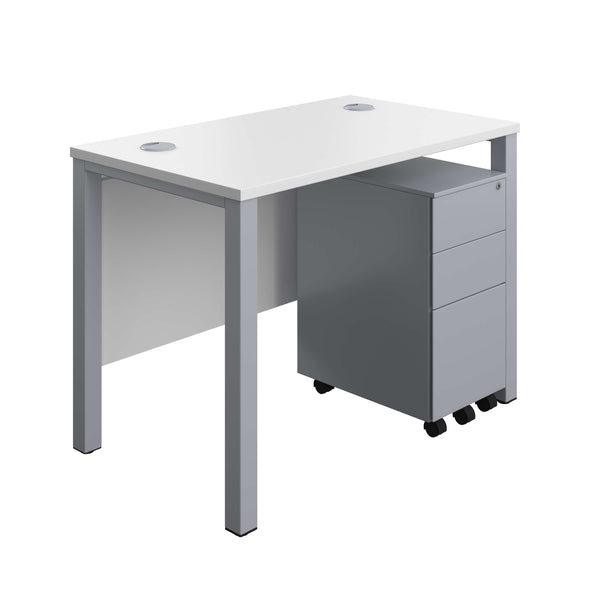 Goal Post Rectangular Desk + 3 Drawer Slimline Steel Pedestal (FSC) | 1000x600 | White/Silver