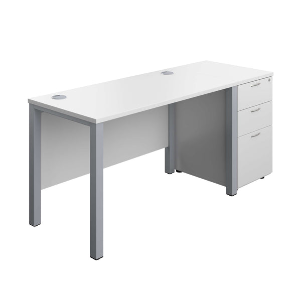 Goal Post Rectangular Desk + 3 Drawer Desk High Pedestal (FSC) | 1200x600 | White/Silver