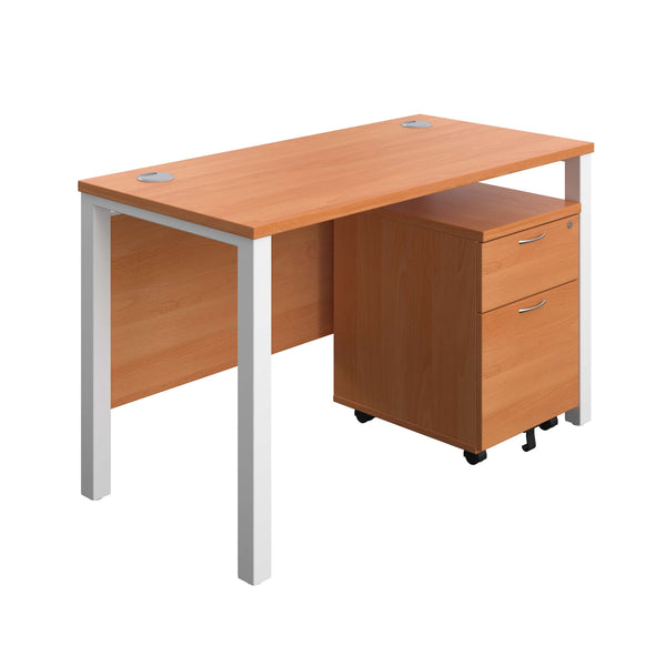 Goal Post Rectangular Desk + 2 Drawer Mobile Pedestal (FSC) | 1200x600 | Beech/White