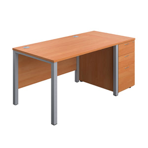 Goal Post Rectangular Desk + 3 Drawer Desk High Pedestal (FSC) | 1200x800 | Beech/Silver