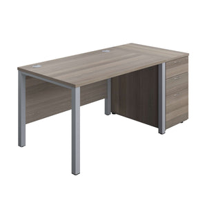 Goal Post Rectangular Desk + 3 Drawer Desk High Pedestal (FSC) | 1200x800 | Grey oak/Silver