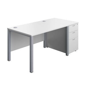 Goal Post Rectangular Desk + 3 Drawer Desk High Pedestal (FSC) | 1200x800 | White/Silver