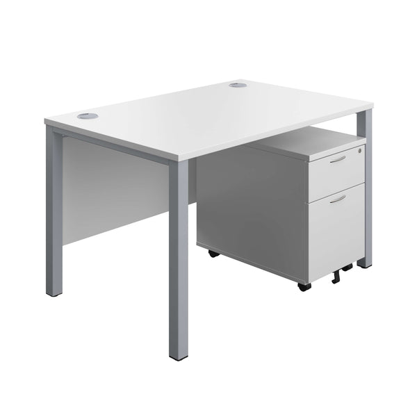 Goal Post Rectangular Desk + 2 Drawer Mobile Pedestal (FSC) | 1200x800 | White/Silver