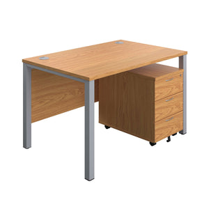 Goal Post Rectangular Desk + 3 Drawer Mobile Pedestal (FSC) | 1200x800 | Nova oak/Silver