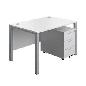 Goal Post Rectangular Desk + 3 Drawer Mobile Pedestal (FSC) | 1200x800 | White/Silver