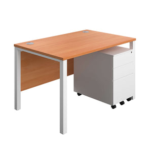 Goal Post Rectangular Desk + 3 Drawer Steel Pedestal (FSC) | 1200x800 | Beech/White