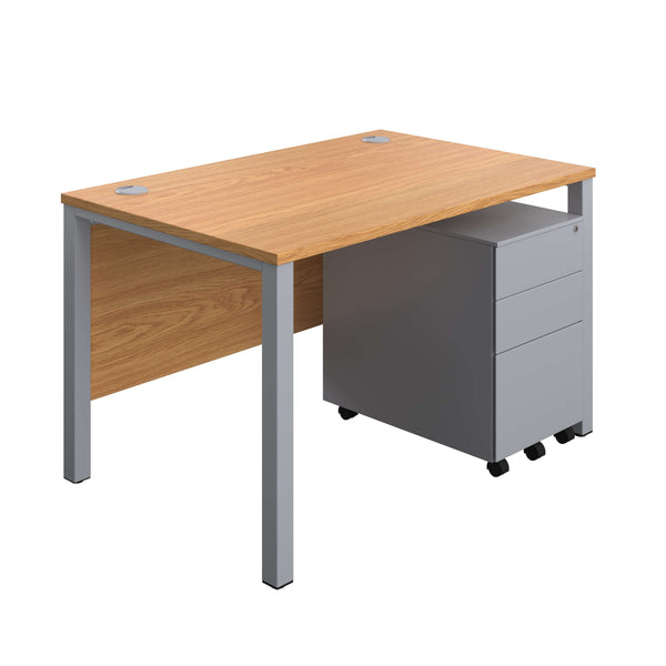 Goal Post Rectangular Desk + 3 Drawer Steel Pedestal (FSC) | 1200x800 | Nova oak/Silver