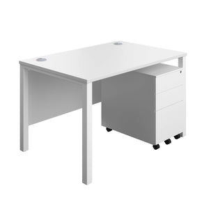 Goal Post Rectangular Desk + 3 Drawer Steel Pedestal (FSC) | 1200x800 | White/White