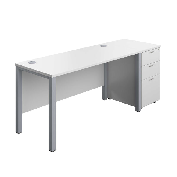 Goal Post Rectangular Desk + 3 Drawer Desk High Pedestal (FSC) | 1400x600 | White/Silver