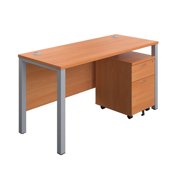 Goal Post Rectangular Desk + 2 Drawer Mobile Pedestal (FSC) | 1400x600 | Beech/Silver