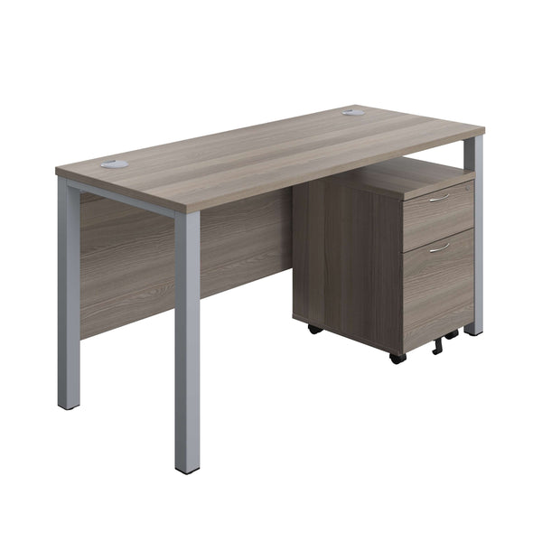 Goal Post Rectangular Desk + 2 Drawer Mobile Pedestal (FSC) | 1400x600 | Grey oak/Silver