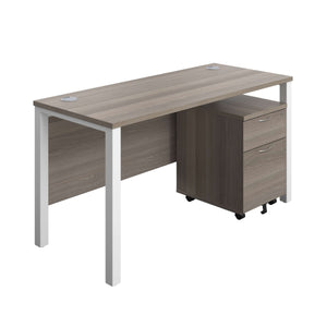 Goal Post Rectangular Desk + 2 Drawer Mobile Pedestal (FSC) | 1400x600 | Grey oak/White