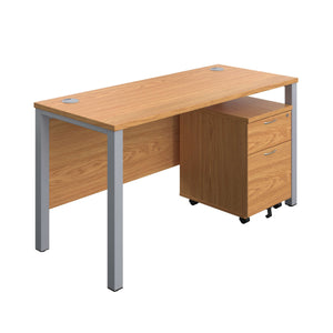 Goal Post Rectangular Desk + 2 Drawer Mobile Pedestal (FSC) | 1400x600 | Nova oak/Silver
