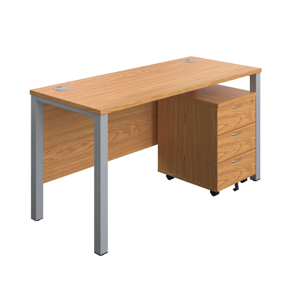 Goal Post Rectangular Desk + 3 Drawer Mobile Pedestal (FSC) | 1400x600 | Nova oak/Silver