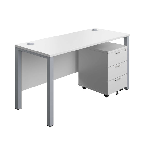 Goal Post Rectangular Desk + 3 Drawer Mobile Pedestal (FSC) | 1400x600 | White/Silver