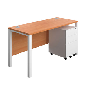 Goal Post Rectangular Desk + 3 Drawer Steel Pedestal (FSC) | 1400x600 | Beech/White